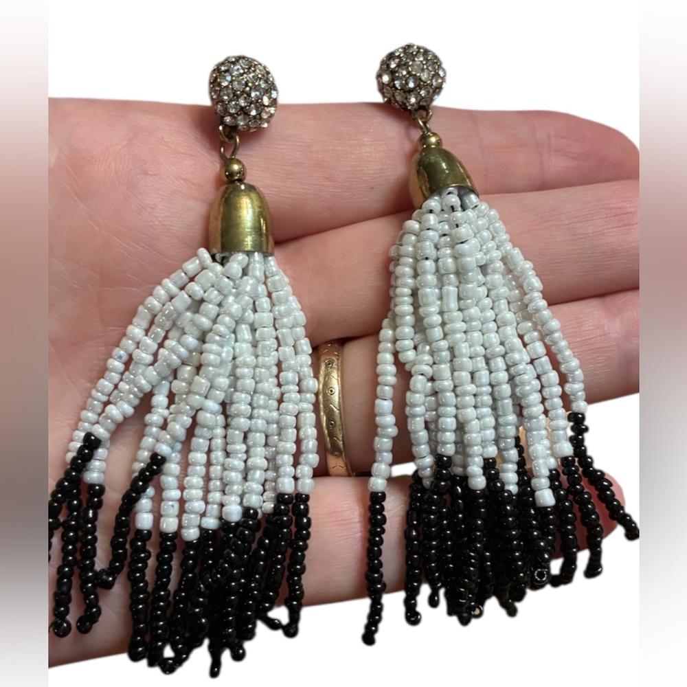 Elegant Black and White Beaded  Rhinestone Tassel Earrings